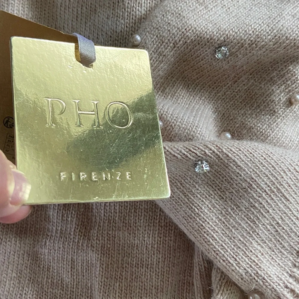 PHO Firenze  Beige Knit Scarf with Pearl and rhinestone Accents, Angora blend